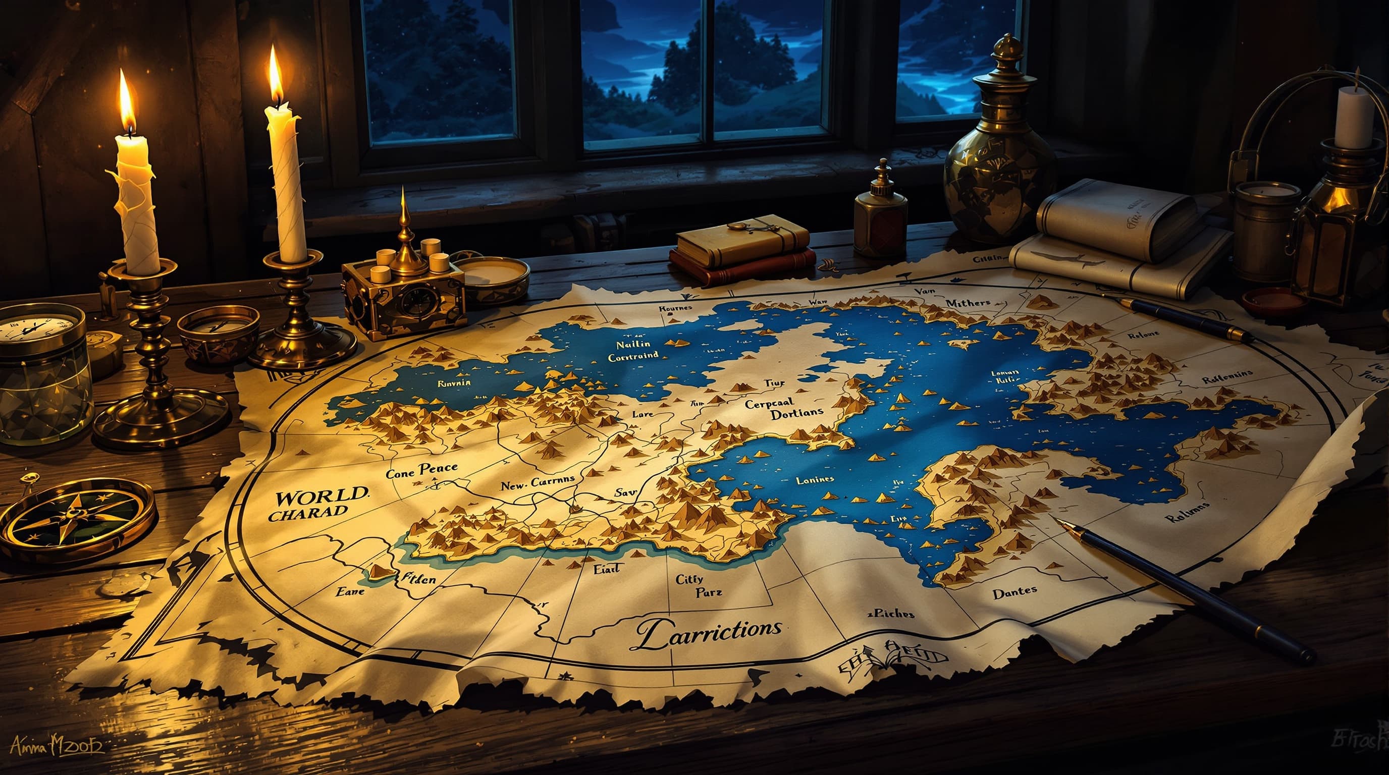 Hand-drawn fantasy world map on a cartographer's table